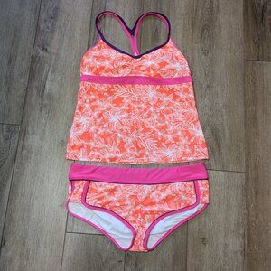 Athleta Swim 2 Piece Set Tankini Bottoms Built In Pad Bra Bright Orange Pink L